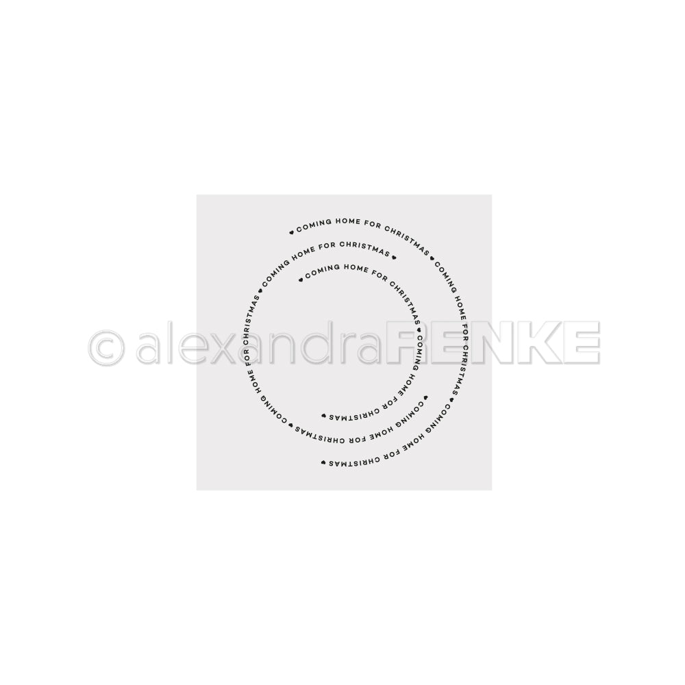 Der Schriftzug COMING HOME FOR CHRISTMAS wiederholt sich in einem kreisförmigen Muster auf weißem Hintergrund und ähnelt den komplizierten Effekten, die mit einem Alexandra Renke Cut & Embossing Folder oder einem hochwertigen Prägefolder erzielt werden.
