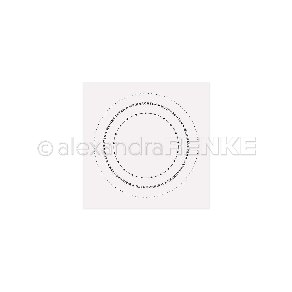 Eine weiße, quadratische Karte von Alexandra Renke mit konzentrischen, gepunkteten Kreisen und dem Schriftzug "Weihnachten", der sich in der Mitte wiederholt. Die Karte wurde mit dem Cut & Emboss Folder hergestellt, der für die festlichen Details sorgt.