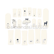 Cremefarbene Anhänger mit schwarzen Strichzeichnungen von Pilzen und Rehen, aufgereiht auf weißem Untergrund - perfekte Ephemera von Alexandra Renke für Papertie-Projekte oder als einzigartige Papierelemente für Ihr nächstes Bastelprojekt.