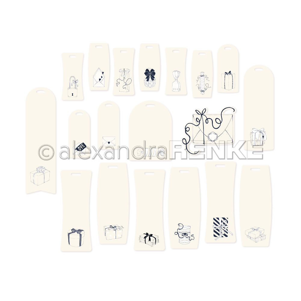 Anhänger mit einfachen schwarzen Strichzeichnungen von Geschenken, Schleifen, Präsenten und Briefumschlägen auf weißem Papier von Alexandra Renke - perfekte Ephemera für Papertie-Projekte oder einzigartige Papierelemente in Ihrem Handwerk.