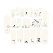 Anhänger mit einfachen schwarzen Strichzeichnungen von Geschenken, Schleifen, Präsenten und Briefumschlägen auf weißem Papier von Alexandra Renke - perfekte Ephemera für Papertie-Projekte oder einzigartige Papierelemente in Ihrem Handwerk.