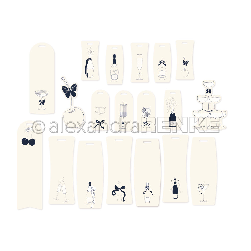 Minimalistische Geschenkanhänger von Alexandra Renke mit schwarzen Linien von Champagner, Kirschen, Gläsern und Schleifen auf Weiß - eine elegante Ergänzung für Ihre Ephemera- oder Papierbastelprojekte.