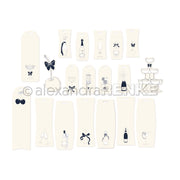 Minimalistische Geschenkanhänger von Alexandra Renke mit schwarzen Linien von Champagner, Kirschen, Gläsern und Schleifen auf Weiß - eine elegante Ergänzung für Ihre Ephemera- oder Papierbastelprojekte.