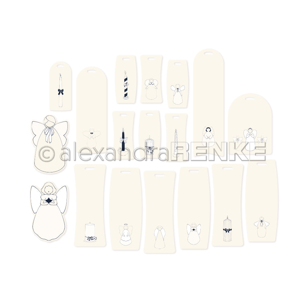 Sechzehn Geschenkanhänger mit minimalistischen Engel- und Kerzendesigns von Alexandra Renke, die sich perfekt für Ephemera-Sammlungen, Papertie-Projekte und kreative Papierbasteleien eignen. Auf einfarbigem Hintergrund abgebildet.