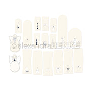 Sechzehn Geschenkanhänger mit minimalistischen Engel- und Kerzendesigns von Alexandra Renke, die sich perfekt für Ephemera-Sammlungen, Papertie-Projekte und kreative Papierbasteleien eignen. Auf einfarbigem Hintergrund abgebildet.