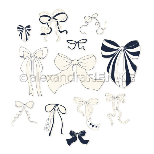 Alexandra Renke präsentiert handgezeichnete schwarze und cremefarbene Schleifen und Bänder, die sich ideal für Ephemera- oder Papertie-Projekte eignen, vor einem strahlend weißen Hintergrund.