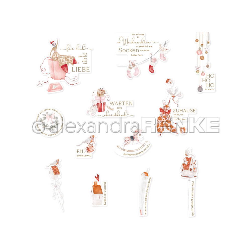 Die festlichen Weihnachtssticker von Alexandra Renke zeigen deutsche Texte, Geschenke, gemütliche Dekorationen und Papierelemente - ideal für Papertie-Projekte oder charmante Ephemera in der Weihnachtsbastelei - auf einem strahlend weißen Hintergrund.
