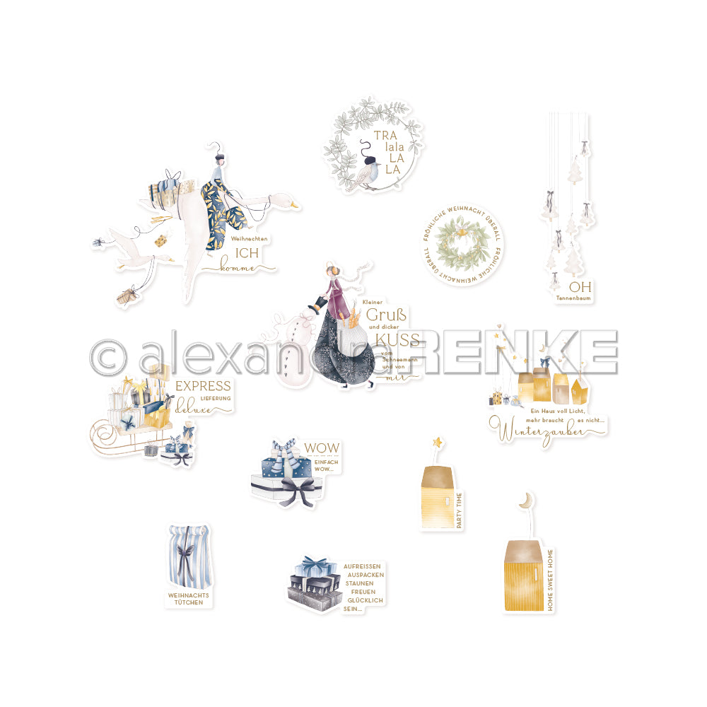 Eine Collage aus winterlichen Illustrationen - Kerzen, Geschenke, Menschen und deutsche Weihnachtssprüche - von Alexandra Renke; perfekte Papierelemente für Ephemera- oder Papertie-Projekte.