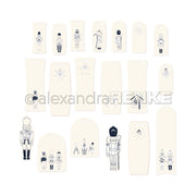 Alexandra Renke Geschenkanhänger mit schwarz-weißen Nussknacker- und Stern-Illustrationen in Reihen auf weißem Hintergrund - ideale Ephemera für Papertie-Projekte oder einzigartige Papierelemente-Akzente.