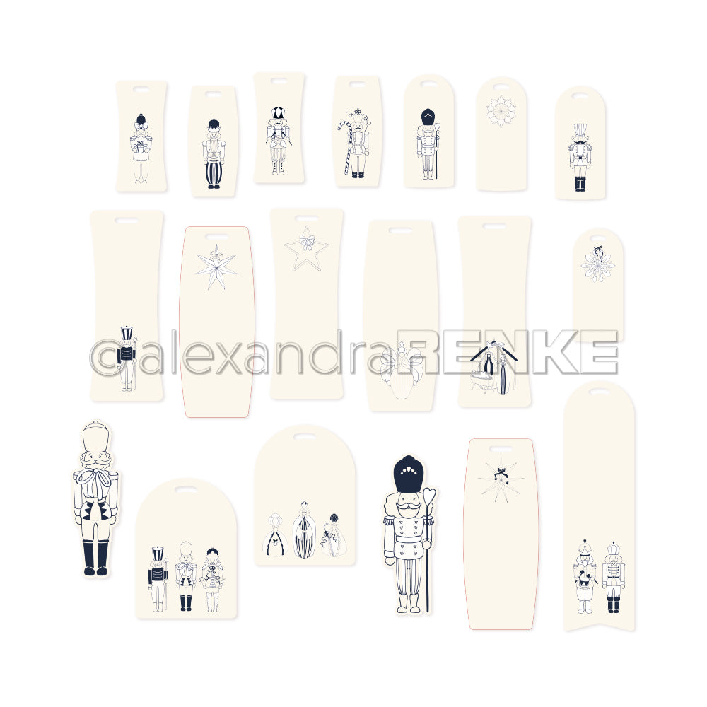 Alexandra Renke Geschenkanhänger mit schwarz-weißen Nussknacker- und Stern-Illustrationen in Reihen auf weißem Hintergrund - ideale Ephemera für Papertie-Projekte oder einzigartige Papierelemente-Akzente.