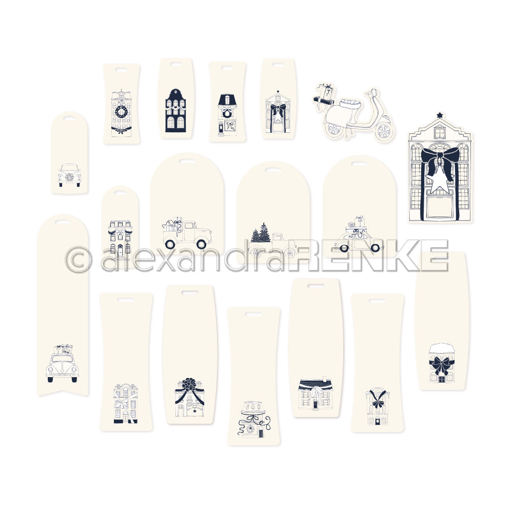 18 illustrierte Anhänger von Alexandra Renke zeigen vielfältige schwarze Strichzeichnungen von Fahrzeugen, Gebäuden und Urlaubsmotiven - ideal als Papertie-Projekte-Ephemera oder einzigartige Papierelemente für kreative Projekte.