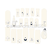 Geschenkanhänger von Alexandra Renke mit einfachen Strichzeichnungen von Weihnachtsmännern, Schneemännern, Rentieren und festlichen Vögeln auf weißem Grund - ideale Ephemera für Ihre Papertie-Projekte oder Weihnachtsbasteleien.