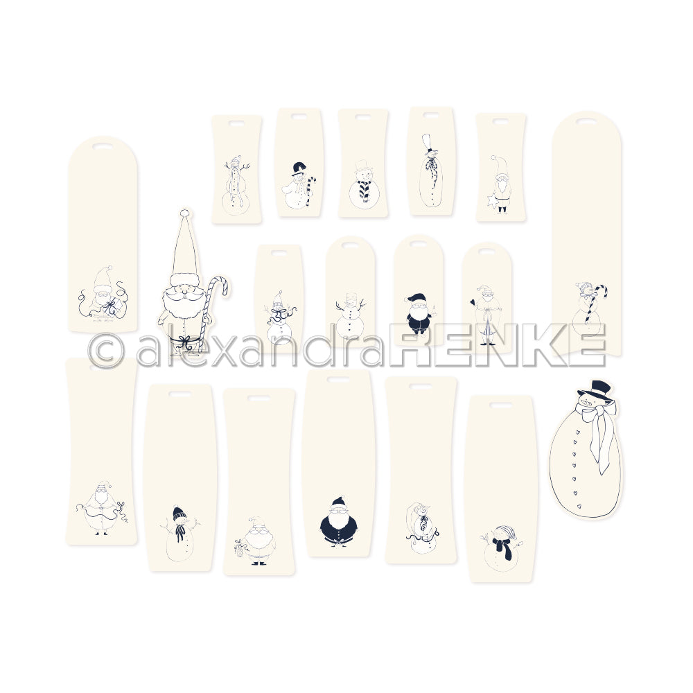 Geschenkanhänger von Alexandra Renke mit einfachen Strichzeichnungen von Weihnachtsmännern, Schneemännern, Rentieren und festlichen Vögeln auf weißem Grund - ideale Ephemera für Ihre Papertie-Projekte oder Weihnachtsbasteleien.
