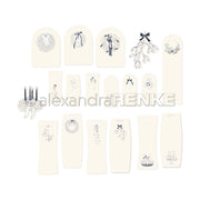 Die cremefarbenen Geschenkanhänger von Alexandra Renke sind mit schwarzen Strichzeichnungen versehen - Kränze, Kerzen und Grünpflanzen - und eignen sich ideal, um Ephemera-Sammlungen oder Papertie-Projekten einen festlichen Charme zu verleihen.