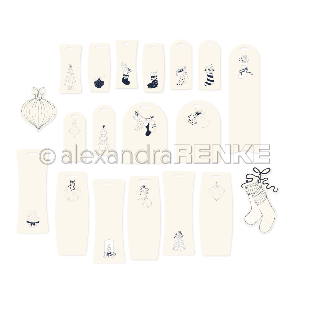 Sortierte cremefarbene Geschenkanhänger von Alexandra Renke mit minimalistischen Weihnachtsmotiven - Strümpfe, Ornamente und Bäume - ideale Papierelemente für Papertie-Projekte oder als festliche Ephemera in Weihnachtsverpackungen.