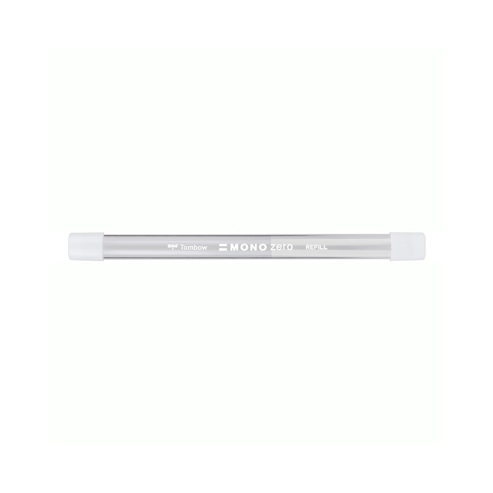 Eine Tombow MONO zero Radierstift-Nachfüllung mit runder Spitze, klarem Gehäuse und weißen Kappen an beiden Enden wird auf weißem Hintergrund präsentiert.