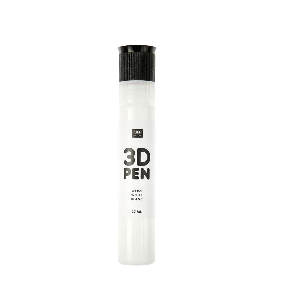 Ein weißer Rico Design 3D-Stift mit schwarzer Kappe und der Aufschrift "3D PEN, WEISS WHITE BLANC, 27 ML" auf weißem Hintergrund - perfekt für die Erstellung individueller Emaille-Punkte und kreativer Designs.