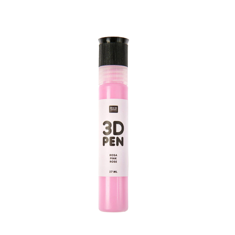 Ein rosafarbener Rico Design 3D-Stift mit schwarzer Kappe und weißem Etikett mit der Aufschrift "3D PEN" und "PINK" in schwarzer Schrift - perfekt für kreative Projekte wie die Herstellung von Emaille Dots.