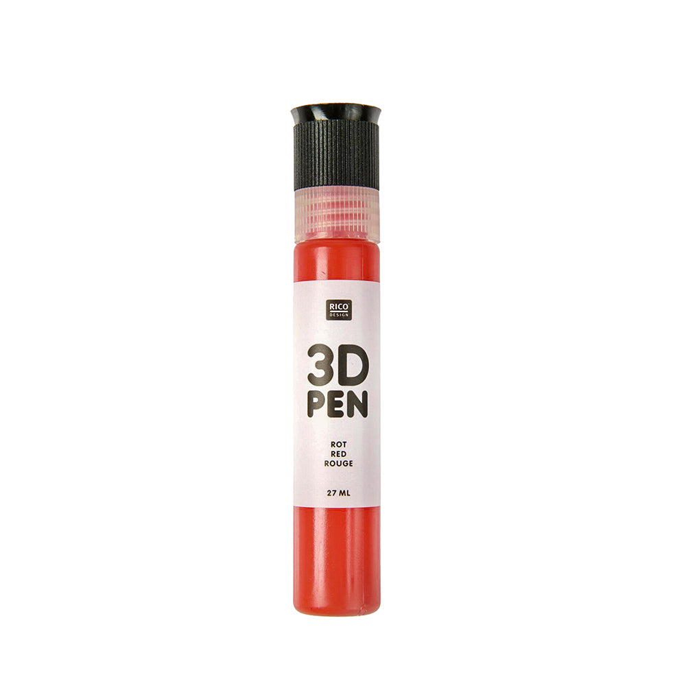 Ein rotes Rico Design 3D-Stiftröhrchen mit schwarzer Kappe und weißem Etikett (27 ml) - ideal, um glatte Linien zu ziehen oder individuelle Emaille-Punkte zu setzen.