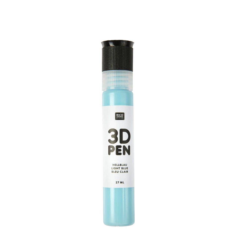 Der Rico Design 3D-Stift in Hellblau hat eine schwarze Kappe und ein weißes Etikett mit der Aufschrift "3D PEN, Hellblau, 27 ml" - ideal, um individuelle Emaille-Punkte zu setzen und Ihren Projekten kreative Details hinzuzufügen.