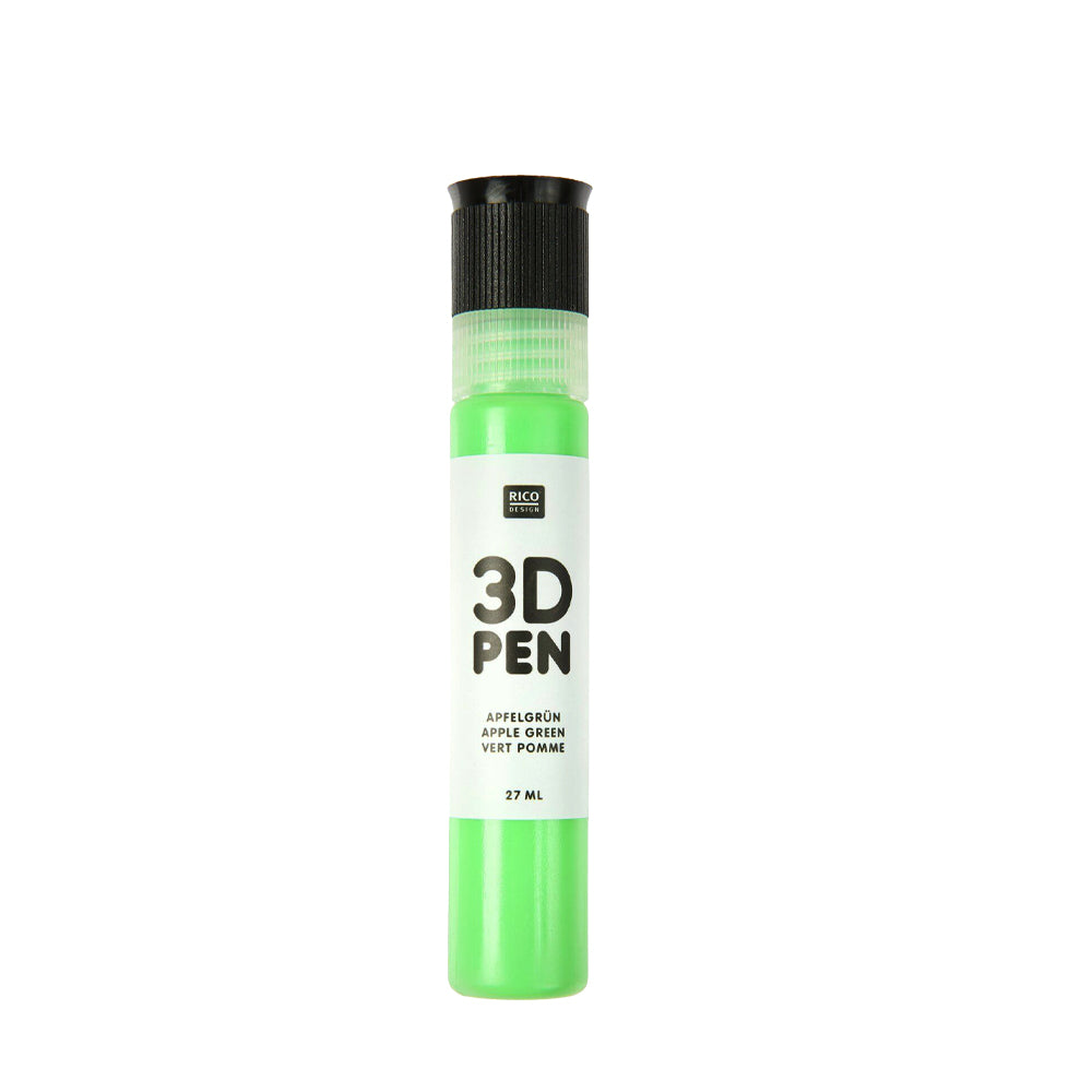 Grüner 3D-Stift von Rico Design mit schwarzer Kappe, Beschriftung "3D PEN" und "APPLE GREEN" in verschiedenen Sprachen, 27 ml - perfekt für die Verwendung mit 3D-Stiften oder zum Hinzufügen von Emaille-Punkten zu Ihren Projekten.