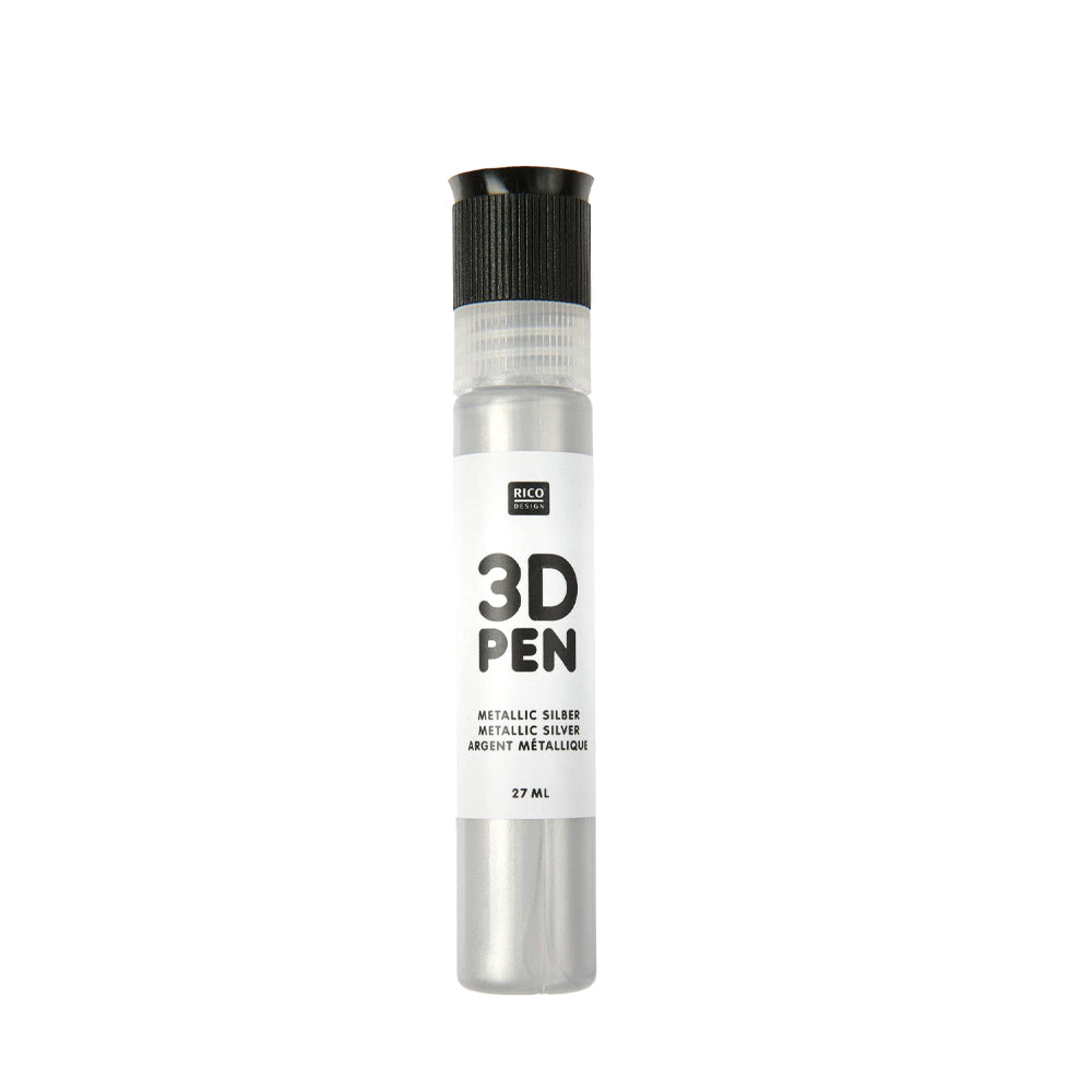 Eine 27-ml-Tube mit silberfarbener Metallic-Tinte, beschriftet mit dem Rico Design 3D-Stift mit schwarzer Kappe - perfekt für die Herstellung einzigartiger Emaille-Punkte.