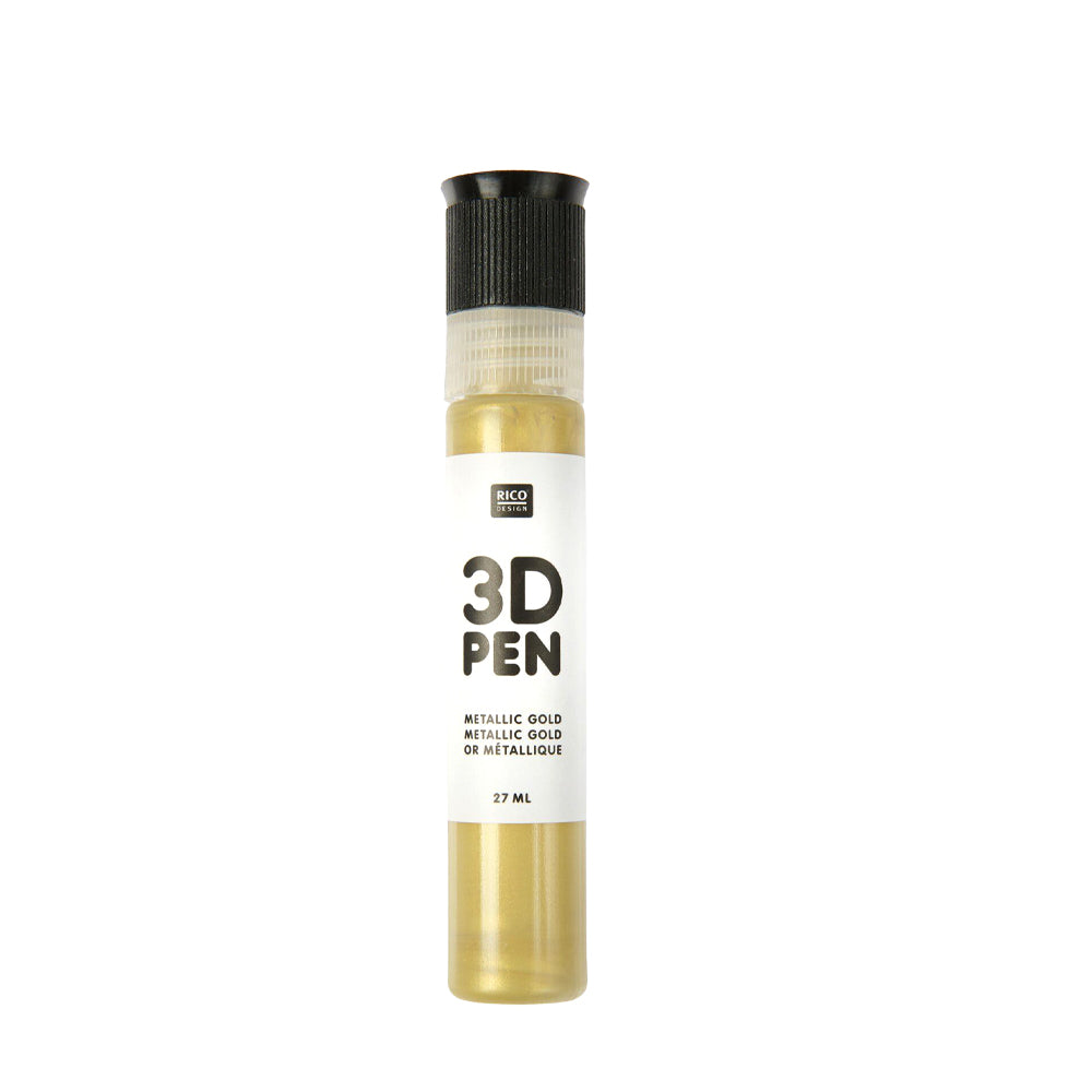 Goldener 3D-Stift mit schwarzer Kappe und weißem Etikett "3D Pen Metallic Gold, 27 mL" von Rico Design. Ideal für kreative Projekte oder zum Hinzufügen von Details mit Emaille-Punkten.
