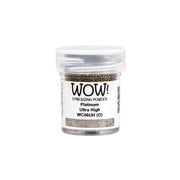 Eine kleine Dose WOW Embossing Powder Platinum Ultra High mit durchsichtigem Deckel und weißem Etikett - ideal für die Verwendung mit Ihrer Heißprägepistole oder Ihrem Stempelkissen, um atemberaubende Projekte zu kreieren.