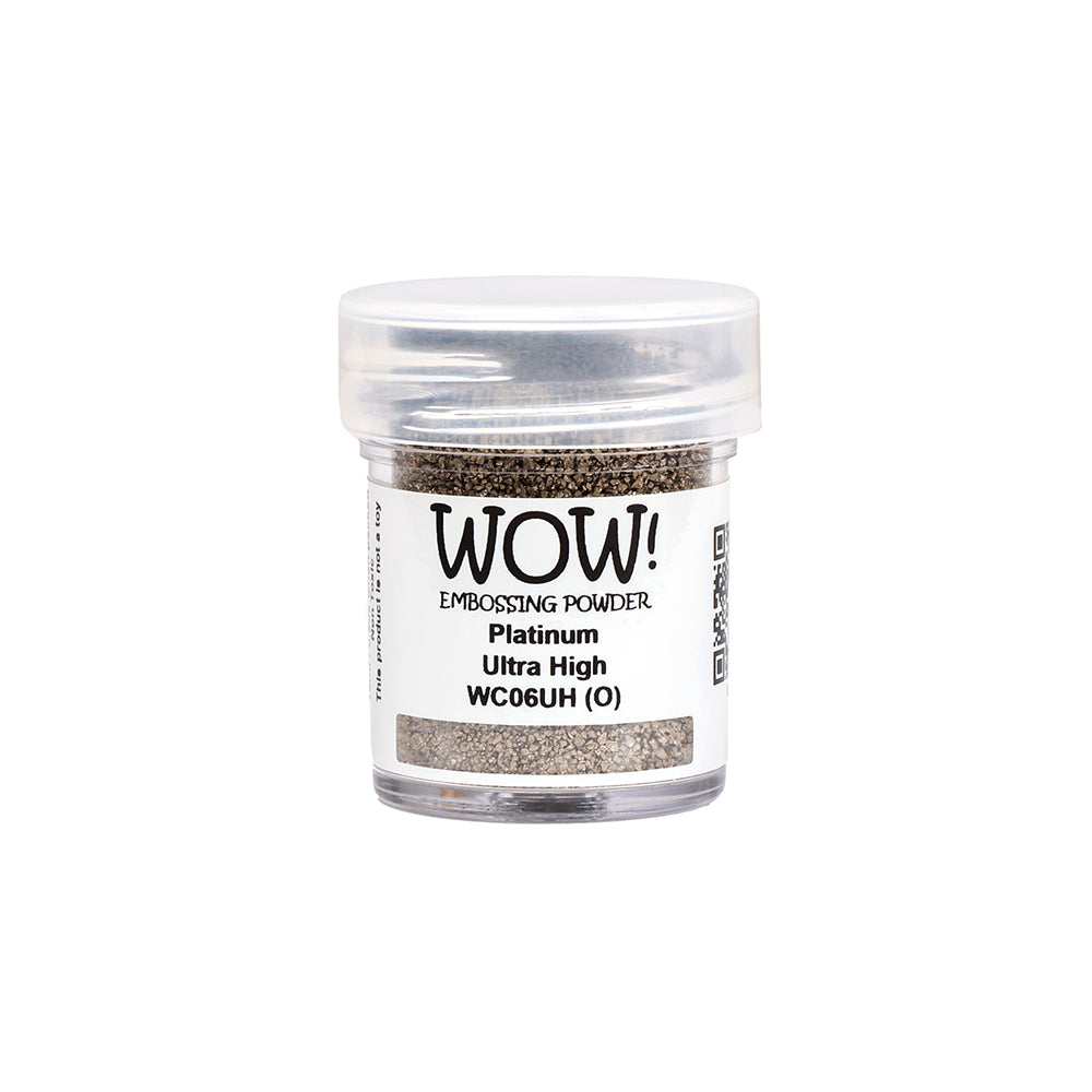 Eine kleine Dose WOW Embossing Powder Platinum Ultra High mit durchsichtigem Deckel und weißem Etikett - ideal für die Verwendung mit Ihrer Heißprägepistole oder Ihrem Stempelkissen, um atemberaubende Projekte zu kreieren.