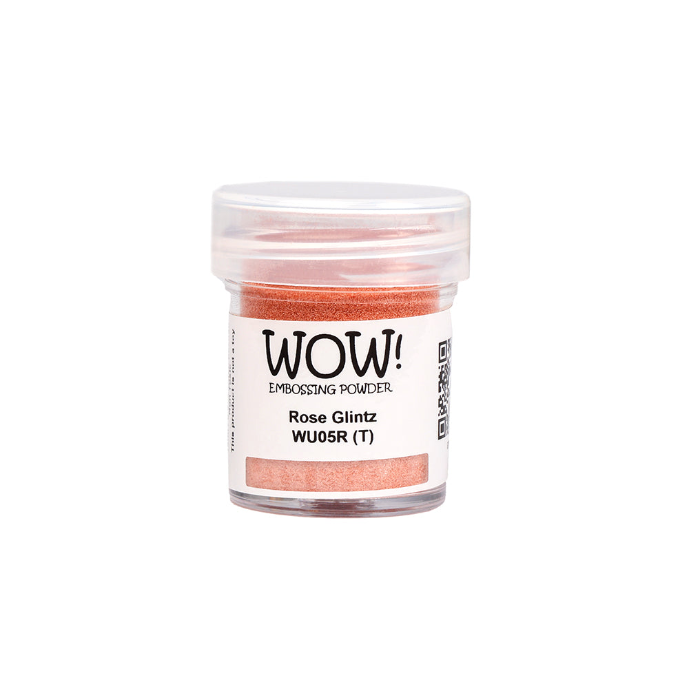 Ein kleines Döschen mit WOW Embossing Powder in Rose Glintz, ideal für die Verwendung mit Ihrem Embossing Föhn oder Stempelkissen. Mit weißem Deckel und Etikett.
