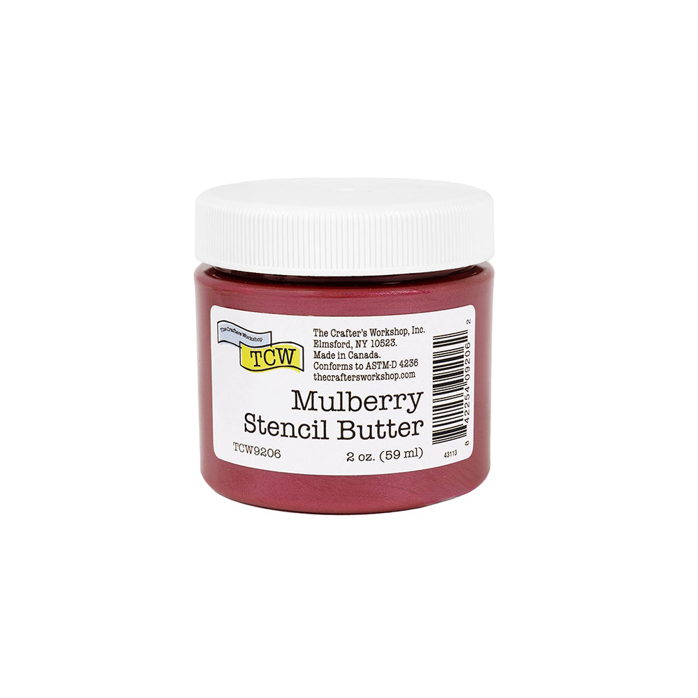 Ein Tiegel TCW Mulberry Stencil Butter, ideal für Mixed-Media-Projekte, ist in einer 2-Unzen-Packung mit weißem Deckel und Produktetikett auf der Vorderseite erhältlich.