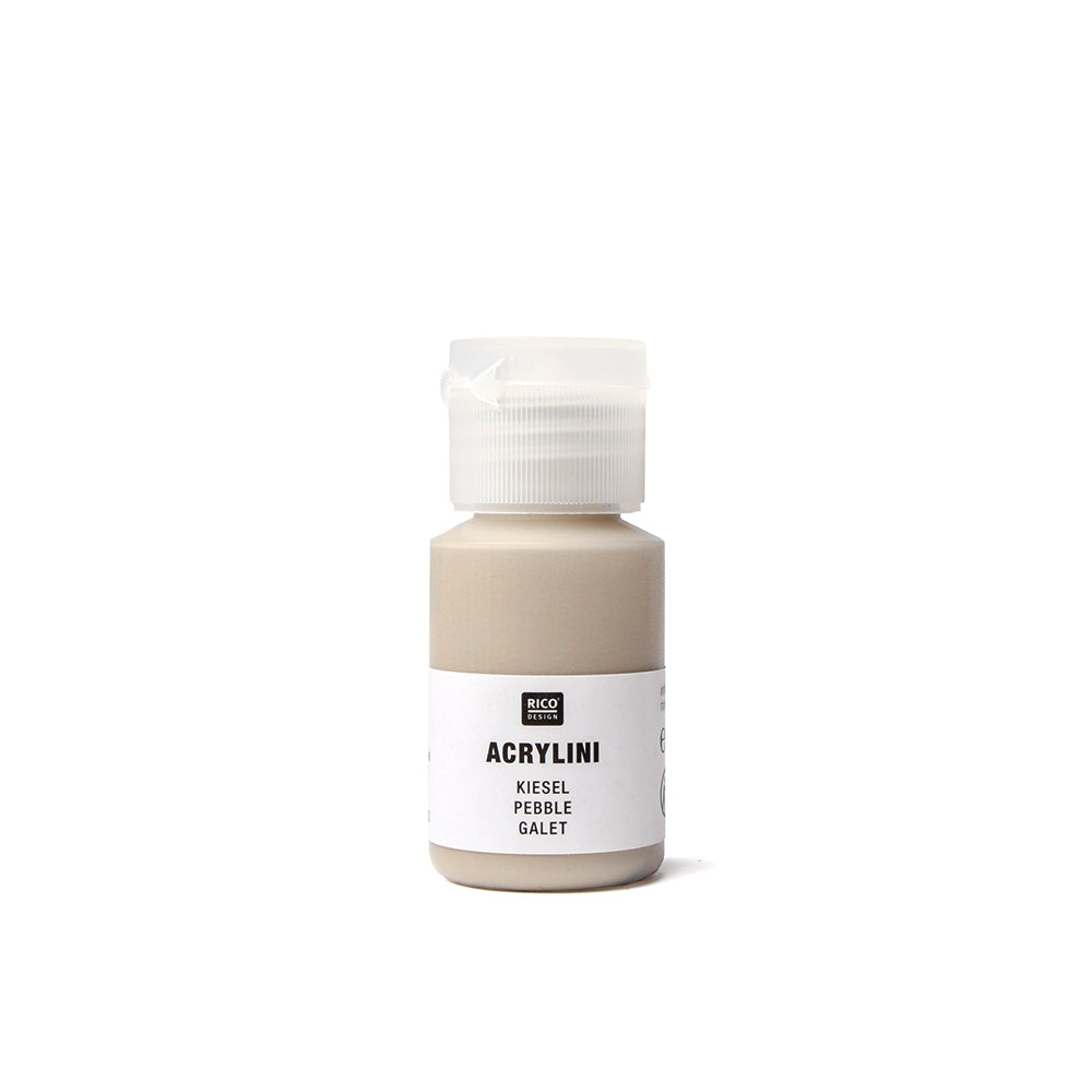 Kleine Flasche von Rico Design Acrylini hochpigmentierte Farbe in Pebble, perfekt für Holzengel. Inklusive weißem Etikett und Verschluss, damit Ihre Kreationen lichtecht und lebendig bleiben.