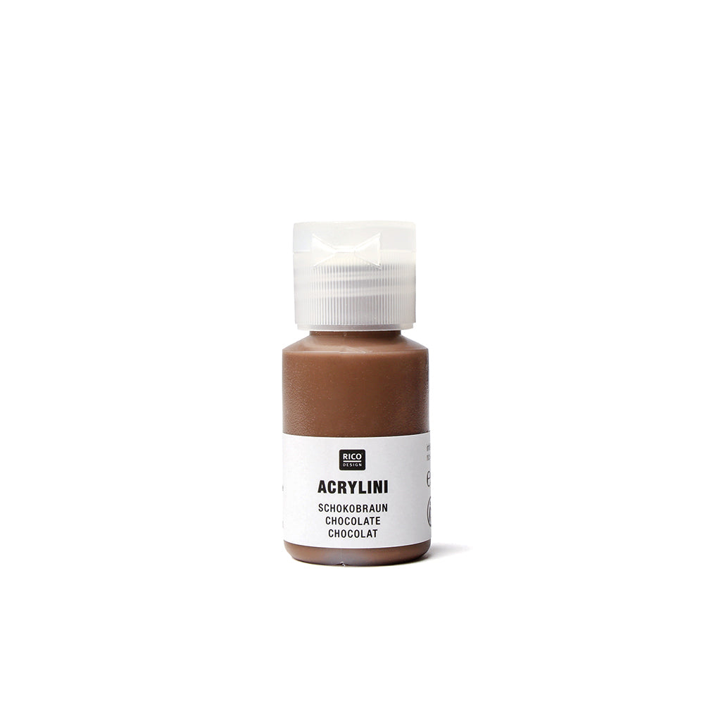 Kleine Flasche brauner Acrylfarbe von Rico Design mit der Aufschrift "Acrylin Chocolate" auf weißem Hintergrund - ideal als lichtechte Farbe und perfekt als Farben für Holz geeignet.