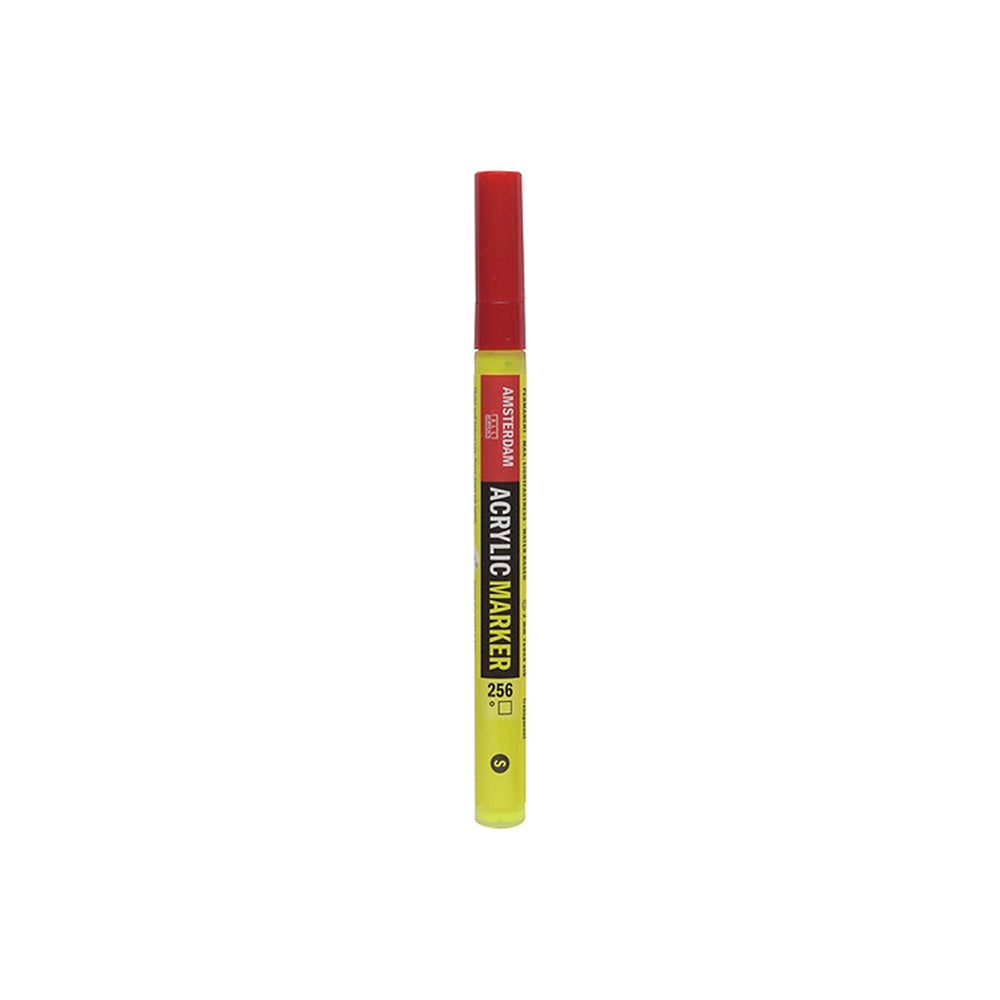 Amsterdam-Acrylmarker mit roter Kappe, gelbem Schaft und Formel auf Wasserbasis.