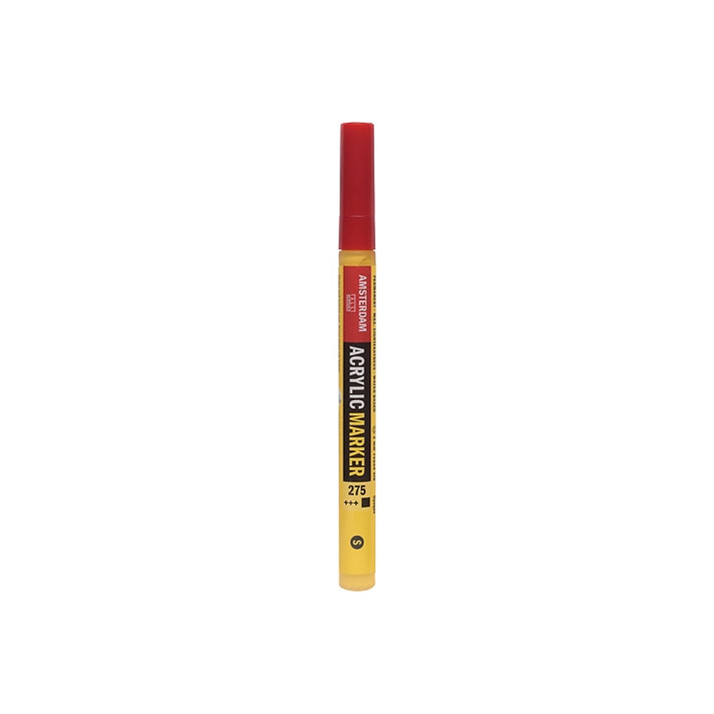 Amsterdam-Acrylmarker mit rot-gelbem Gehäuse, gefüllt mit Farbe auf Wasserbasis.