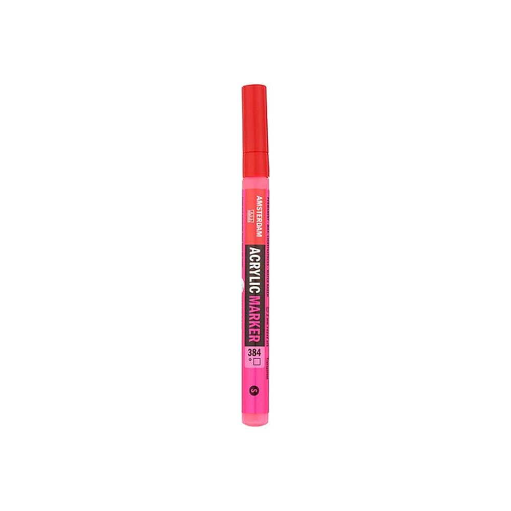 Rosa Acrylmarker Amsterdam mit roter Kappe, gefüllt mit Farbe auf Wasserbasis.