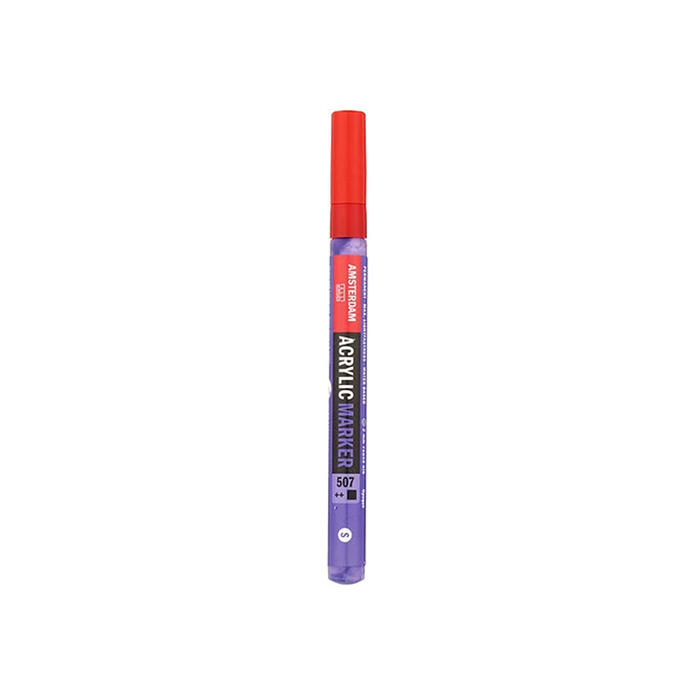 Lila Acrylmarker der Marke Amsterdam mit roter Kappe und einer Formel auf Wasserbasis.