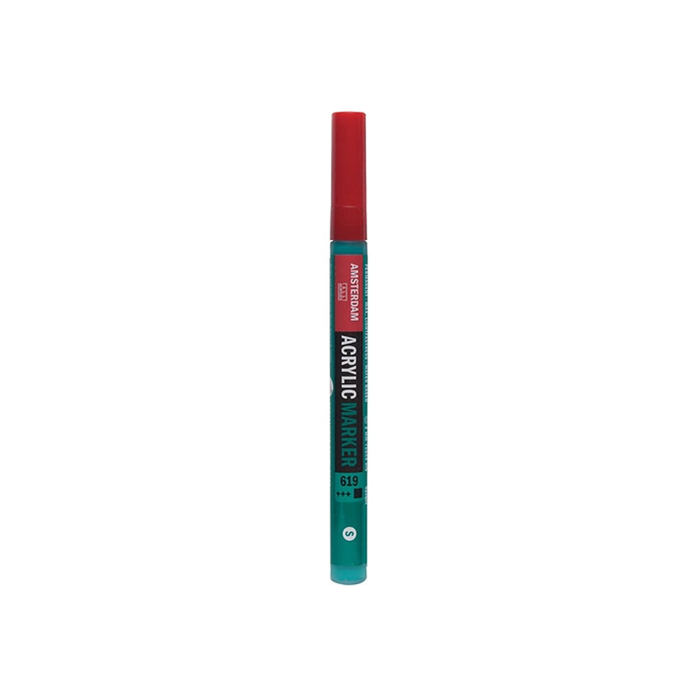 Amsterdam-Acrylmarker mit türkisfarbenem Schaft, roter Kappe und wasserbasierter Farbe.