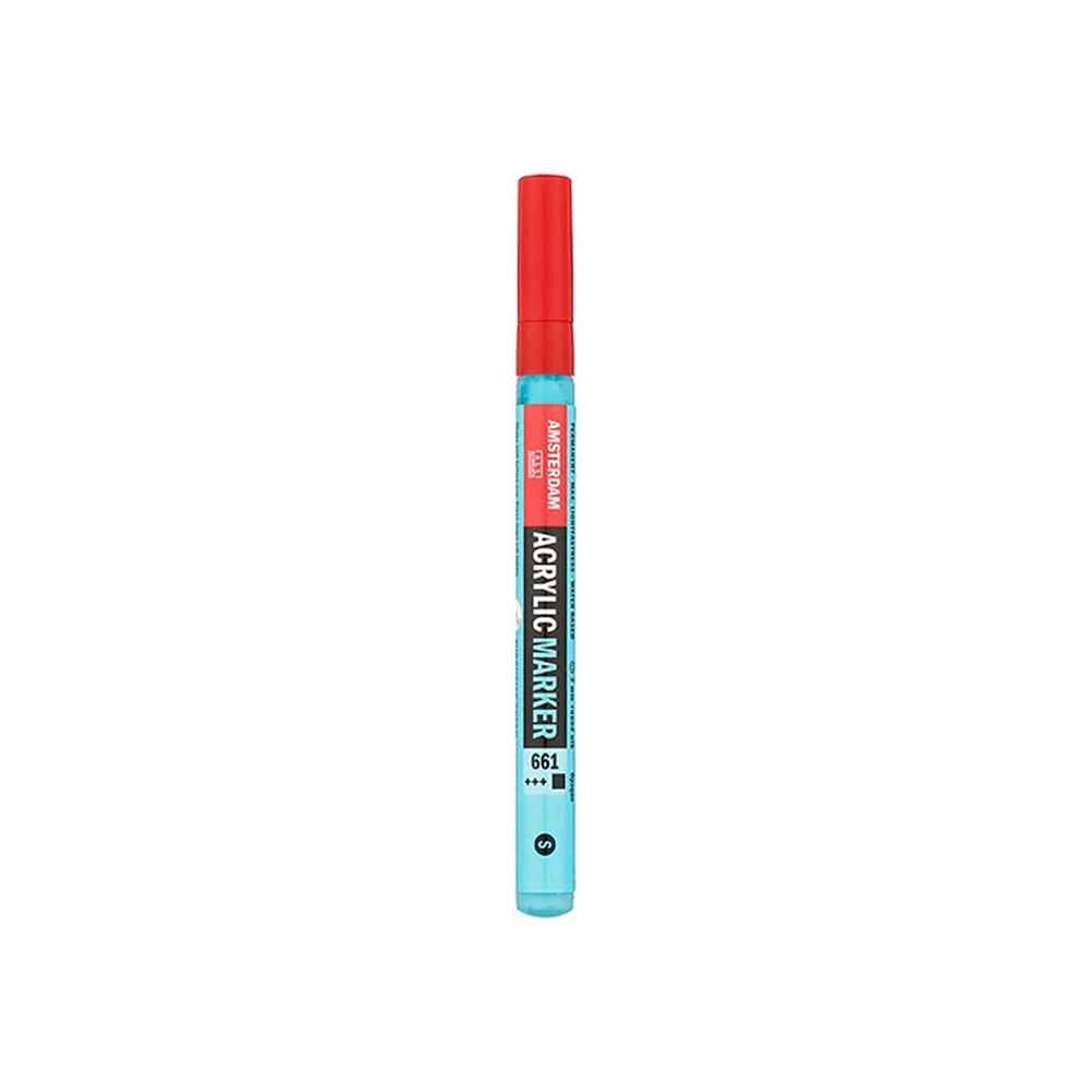 Hellblauer Acrylmarker von Amsterdam mit roter Kappe und Farbe auf Wasserbasis.