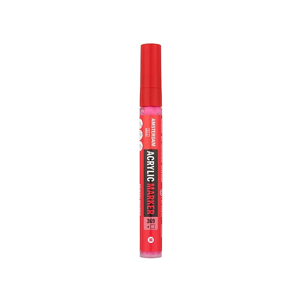 Rosa Acrylmarker Amsterdam mit roter Kappe und einer Formel auf Wasserbasis.