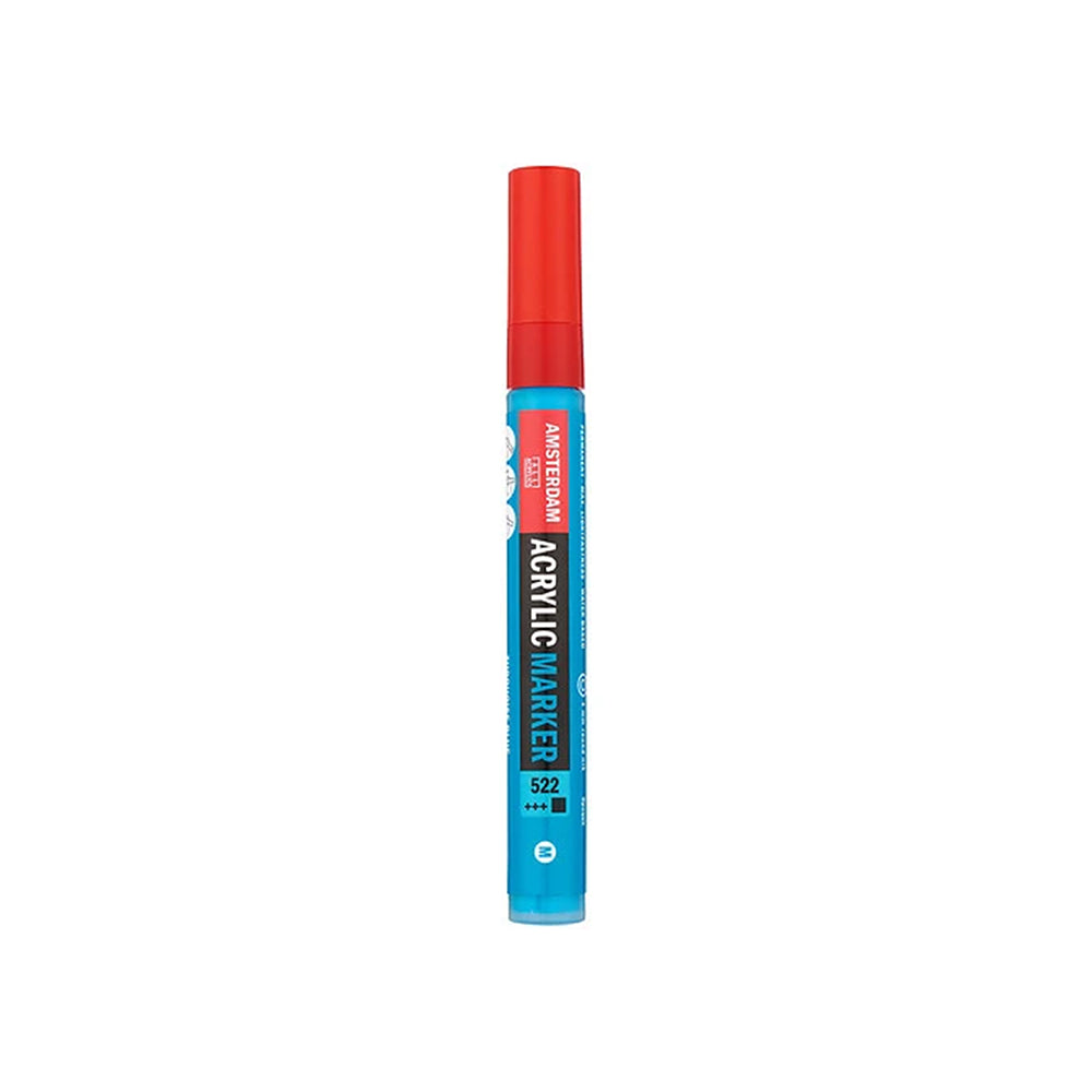 Hellblauer Acrylmarker Amsterdam mit roter Kappe, geeignet für Anwendungen mit Farben auf Wasserbasis.