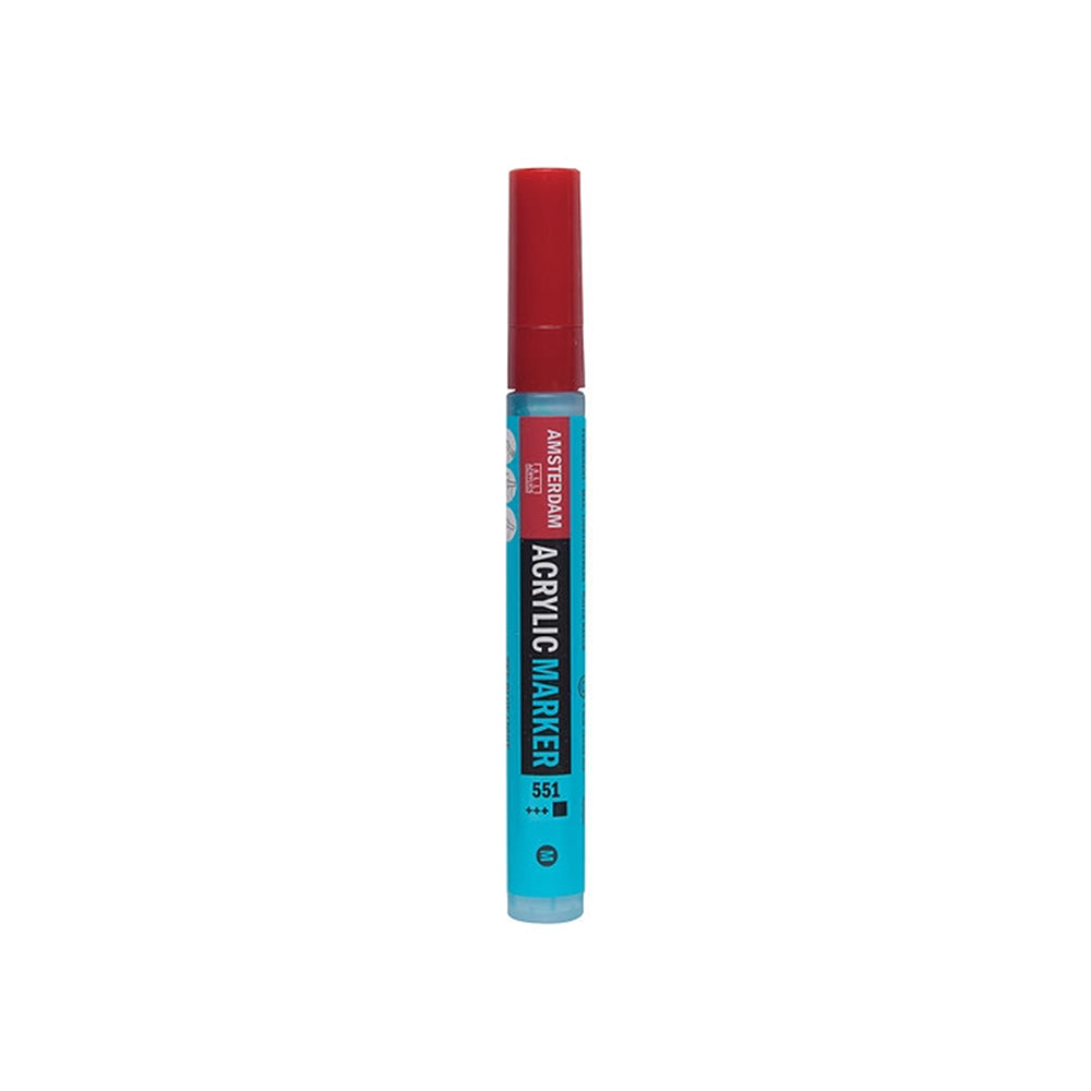 Amsterdam-Acrylmarker mit roter Kappe und hellblauem Schaft, gefüllt mit Farbe auf Wasserbasis.