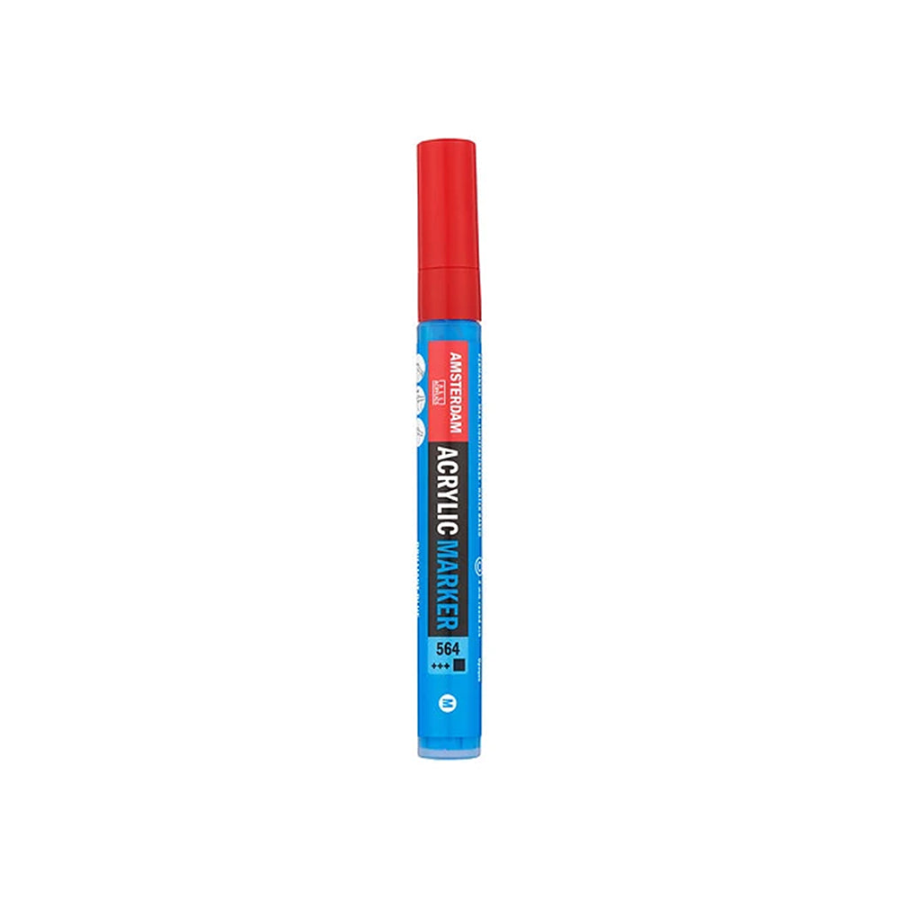 Leuchtend blauer Acrylmarker aus Amsterdam mit roter Kappe.
