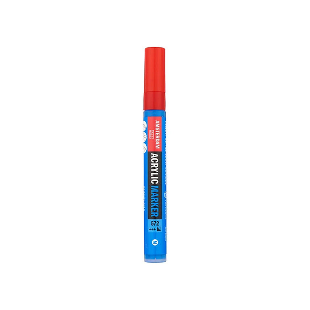 Amsterdam-Acrylmarker mit blauem Schaft und roter Kappe, mit einer Formel auf Wasserbasis.