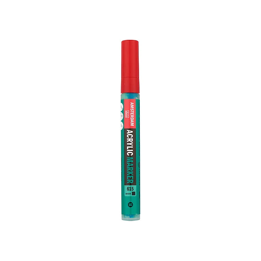 Cyanfarbener Acrylmarker von Amsterdam mit roter Kappe zum Setzen lebhafter Farbakzente.