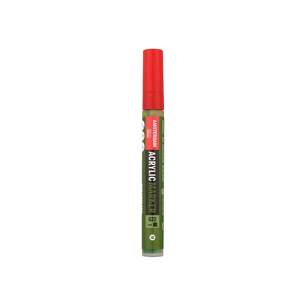 Amsterdam-Marker aus Acryl in Olivgrün mit roter Kappe, gefüllt mit Farbe auf Wasserbasis.