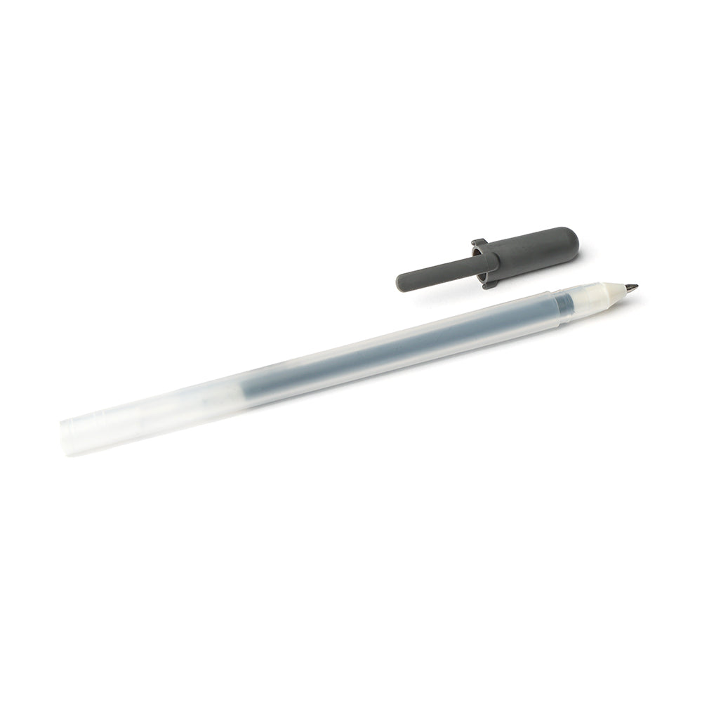 Ein transparenter Rico Design Gelly Roll Soufflé Gelstift mit 3D-Effekt und schwarzer Kappe liegt auf weißem Hintergrund - perfekt für kreative Designs mit Pastellfarben.