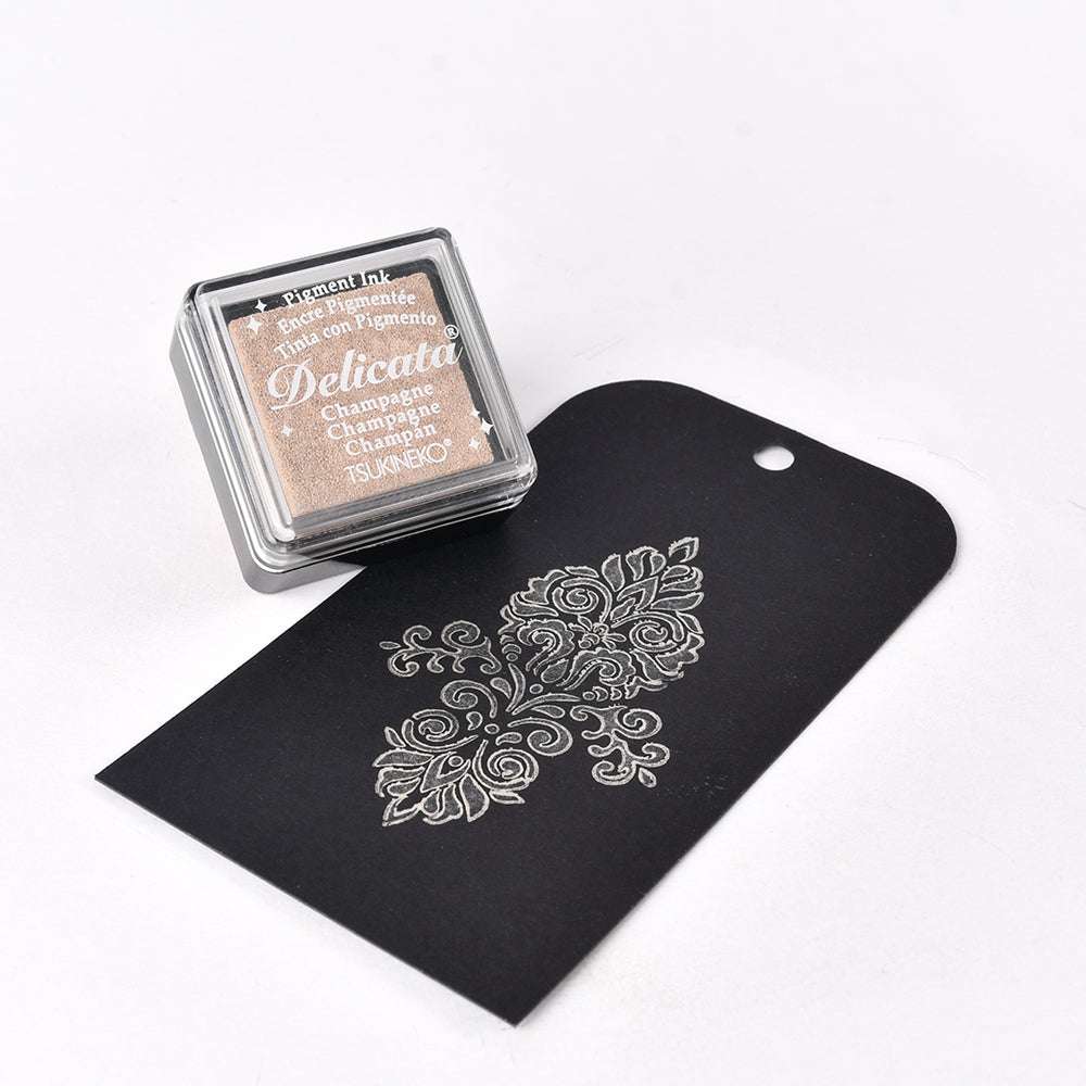 Tsukineko Metallic Stempelkissen und schwarzer Anhänger mit silbernem Blumenmuster gestempelt, dargestellt auf weißem Hintergrund-ideal für kreative Aquarelltechniken und Projekte, die lichtechte Tinte benötigen.