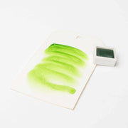 Ein grünes Aquarellmuster auf weißem Papier mit einem kleinen Schälchen Rico Design Künstler Aquarellfarben daneben, das die leuchtenden Pigmente und den gleichmäßigen Auftrag der Aquarellfarbe hervorhebt.