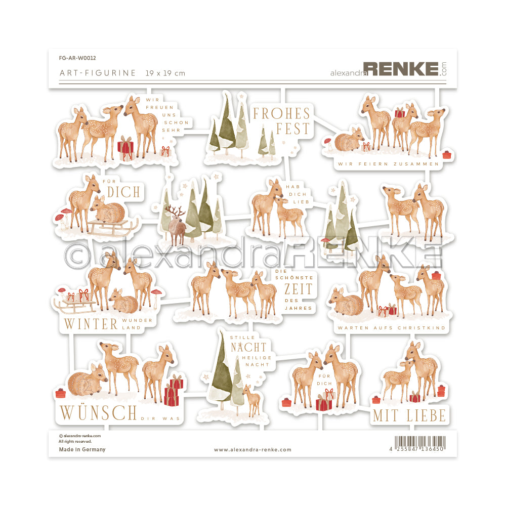 Bogen mit ausgestanzten Papierfiguren der Manufaktur mit Motiven wie Rehen, Bäumen und deutschen Weihnachtssprüchen.